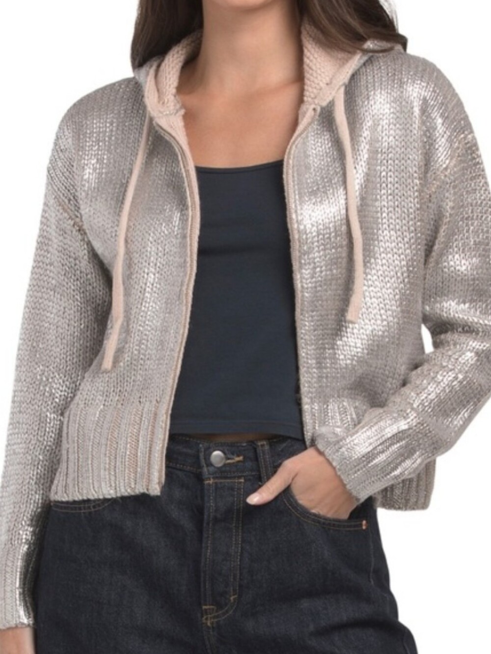 NWT Rachel Zoe Silver Metallic Knit Hoodie. Size XS